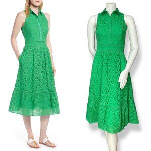 1901 Dress Cotton Eyelet Sleeveless Shirtdress Green Size 6 Petite Collar A-Line